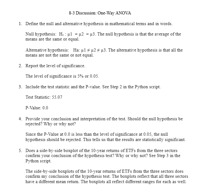 -3 Discussion: One-Way ANOVA . Define the null