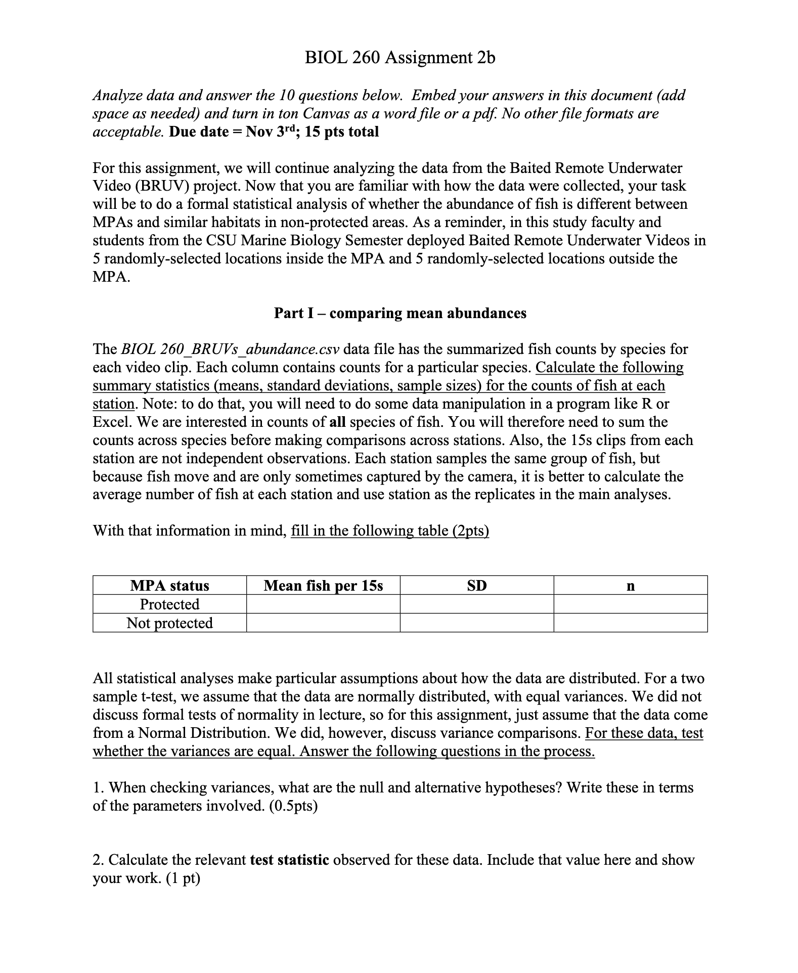 BIOL 260 Assignment 2b Analyze data and answer