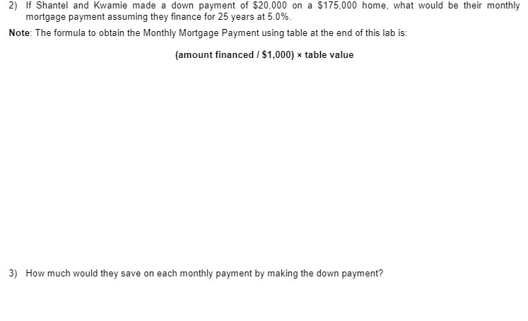2) If Shantel and Kwamie made a down payment of