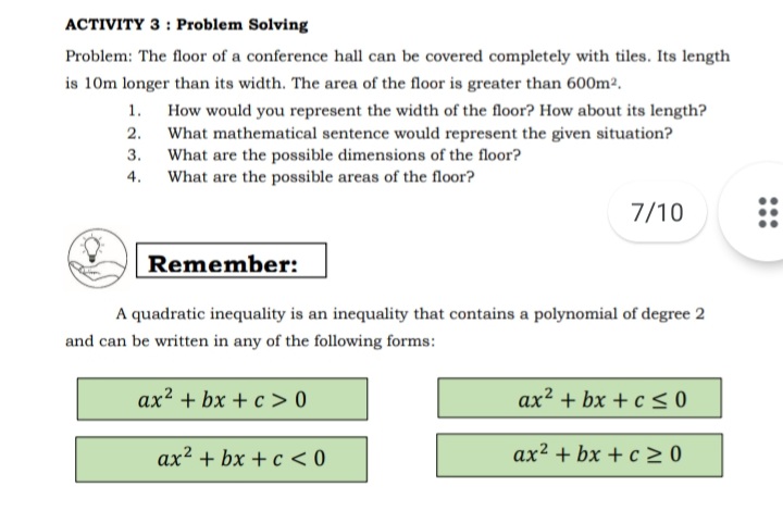 ACTIVITY 3 : Problem Solving Problem: The floor