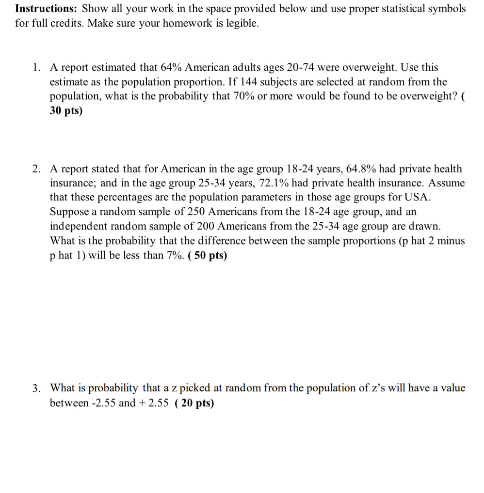 Instructions: Show all your work in the space