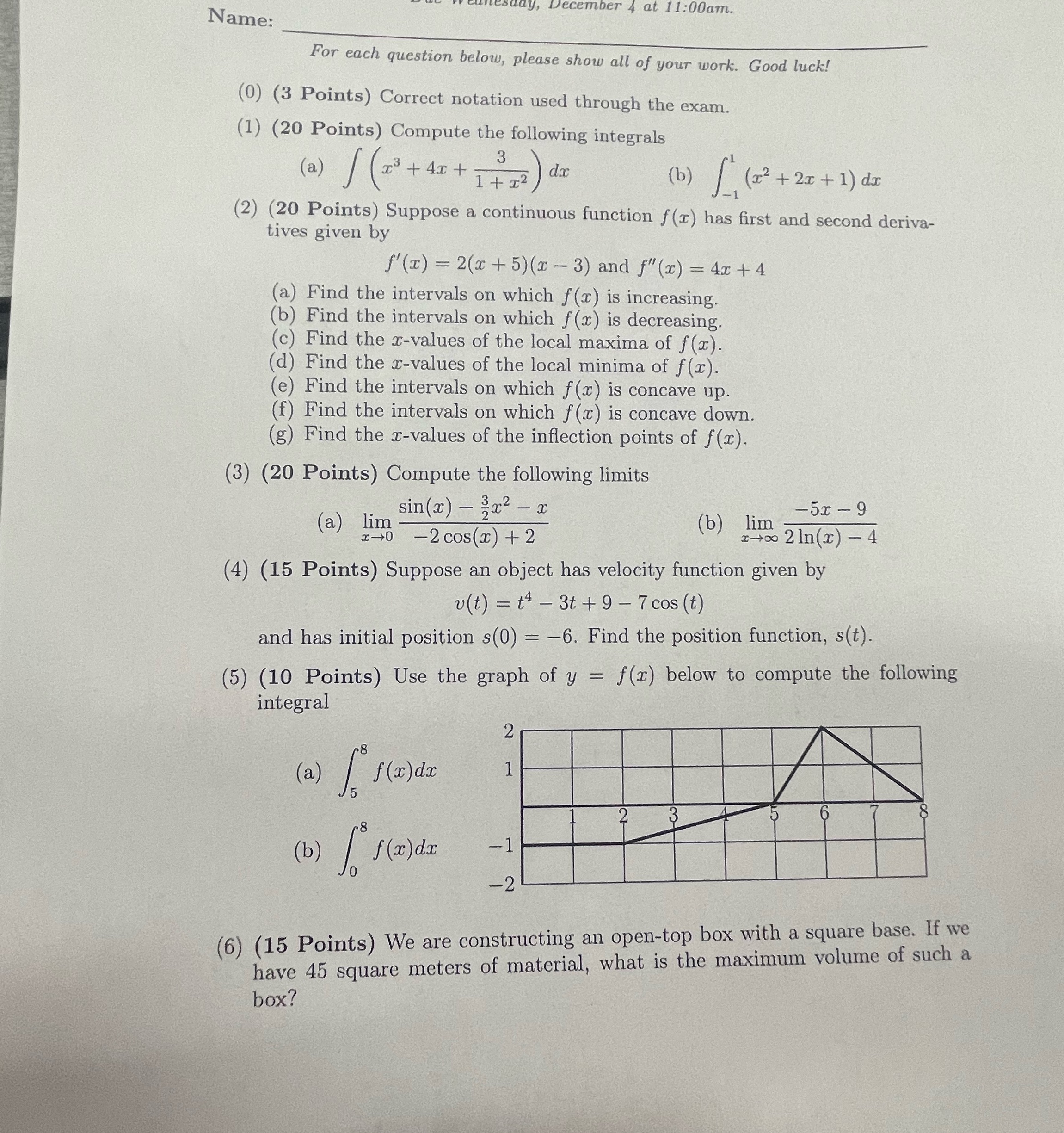4 at 1 1:00am. Name: For each question below,