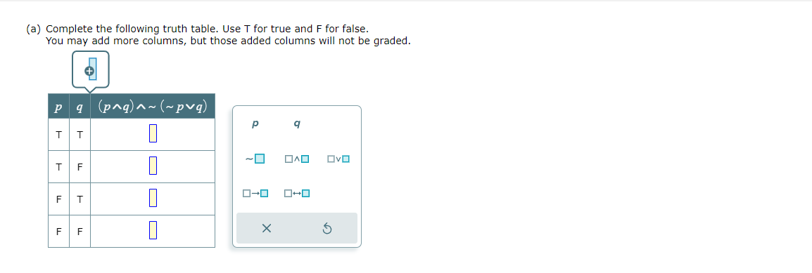 (a) Complete the following truth table. Use T for