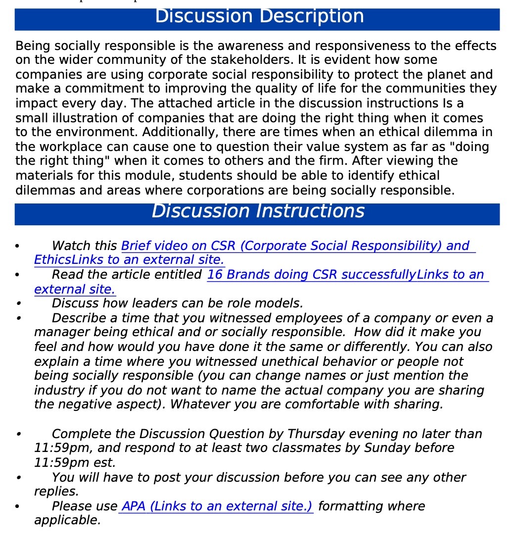 Discussmn Description Being socially responsible