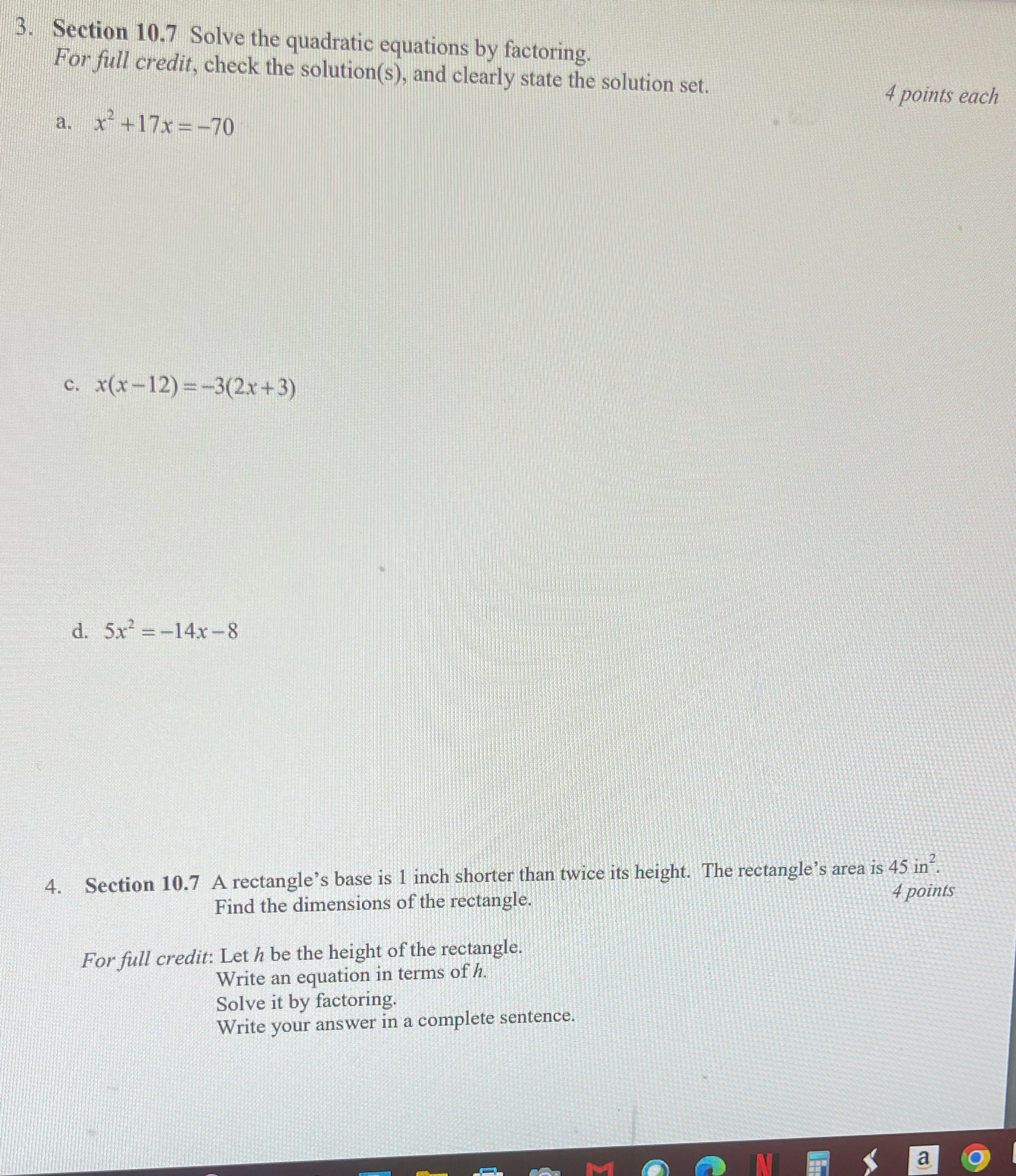 3. Section 10.7 Solve the quadratic equations by
