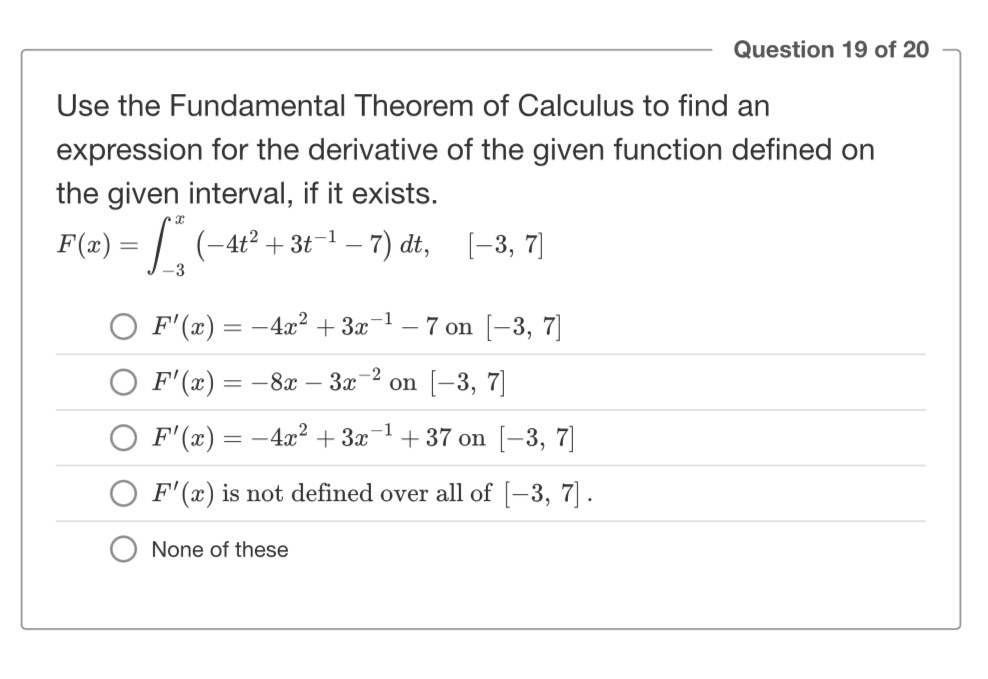 Question 19 of 20 Use the Fundamental Theorem of