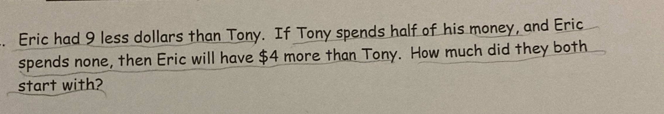 Eric had 9 less dollars than Tony. If Tony spends