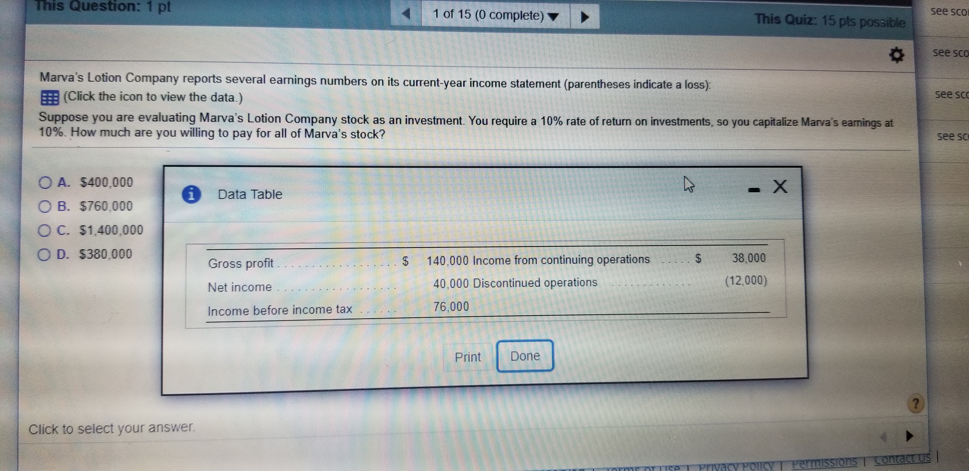 This Question: 1 pt 1 of 15 (0 complete) This