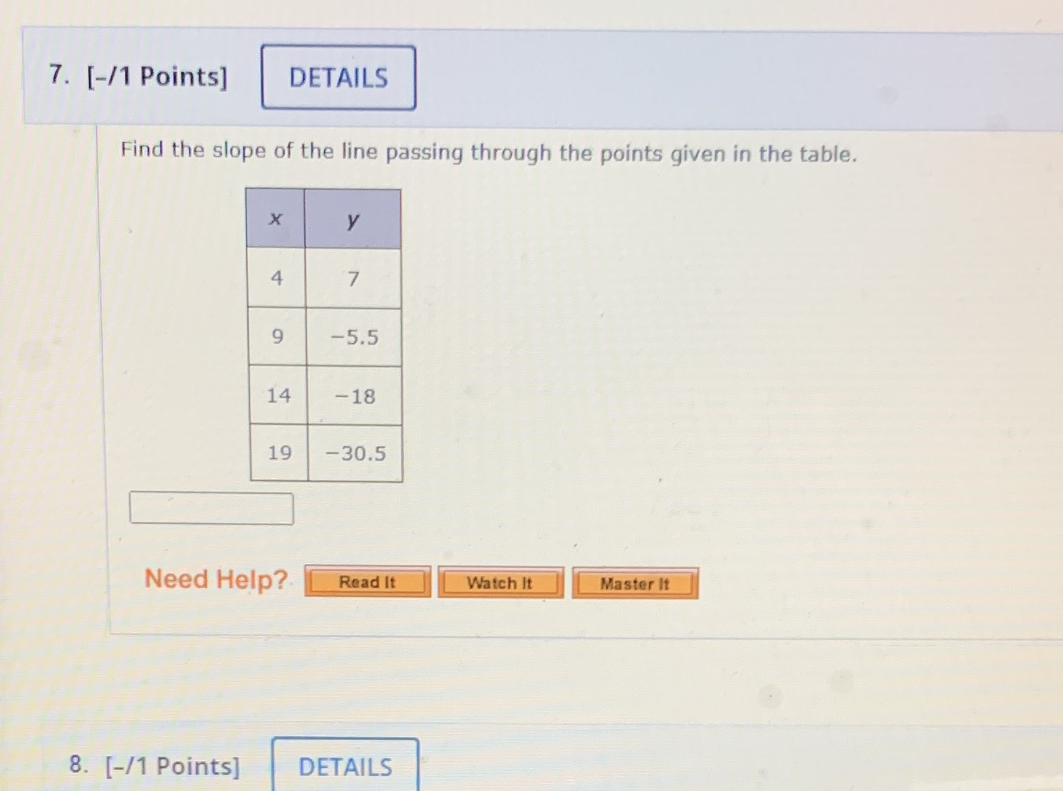 7. [-/1 Points] DETAILS Find the slope of the