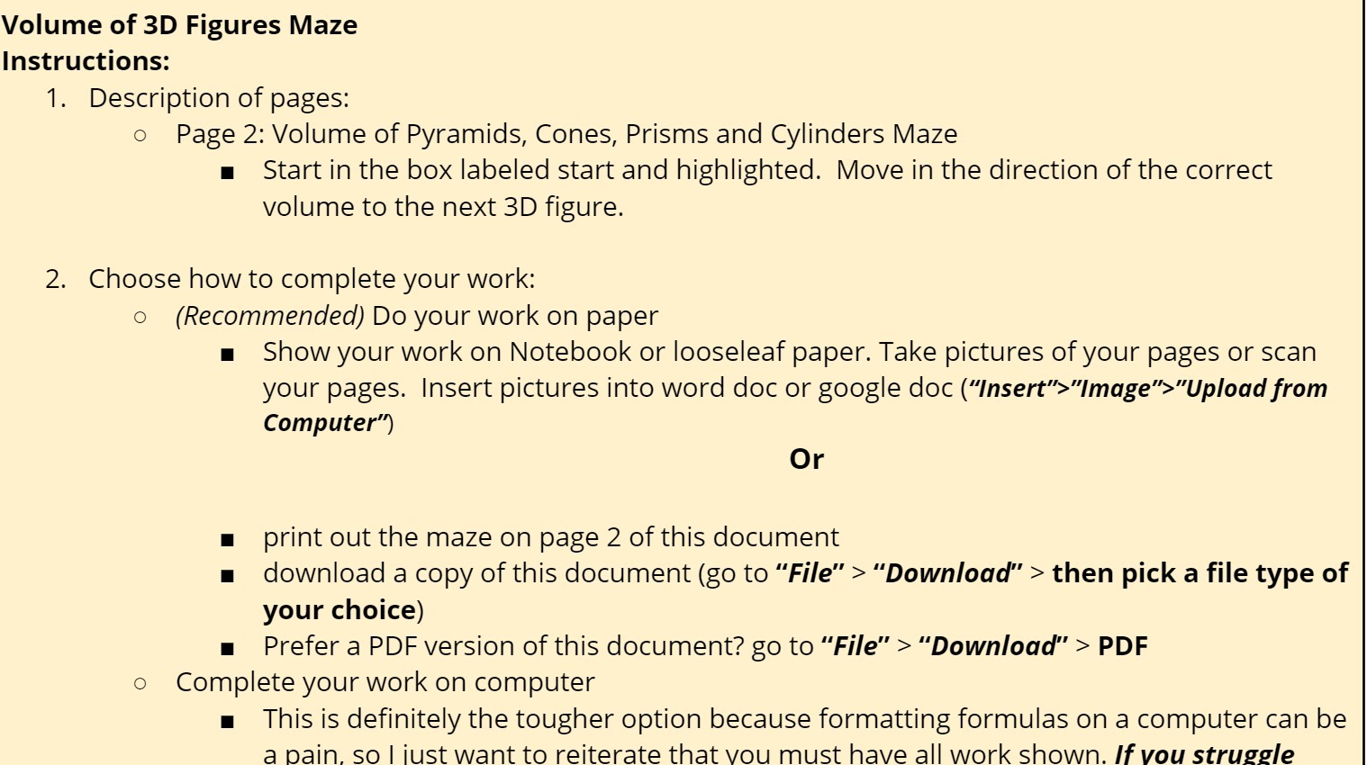 Volume of 3D Figures Maze Instructions: 1.