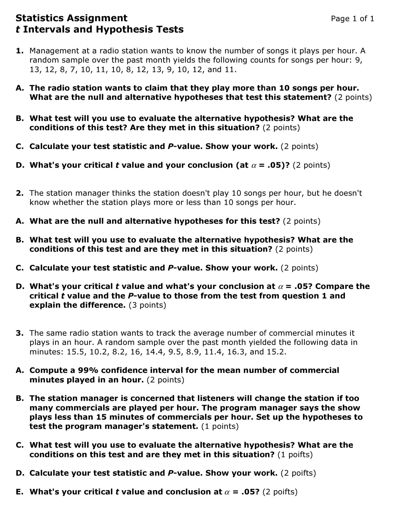 Statistics Assignment Page 1 of 1 t Intervals and