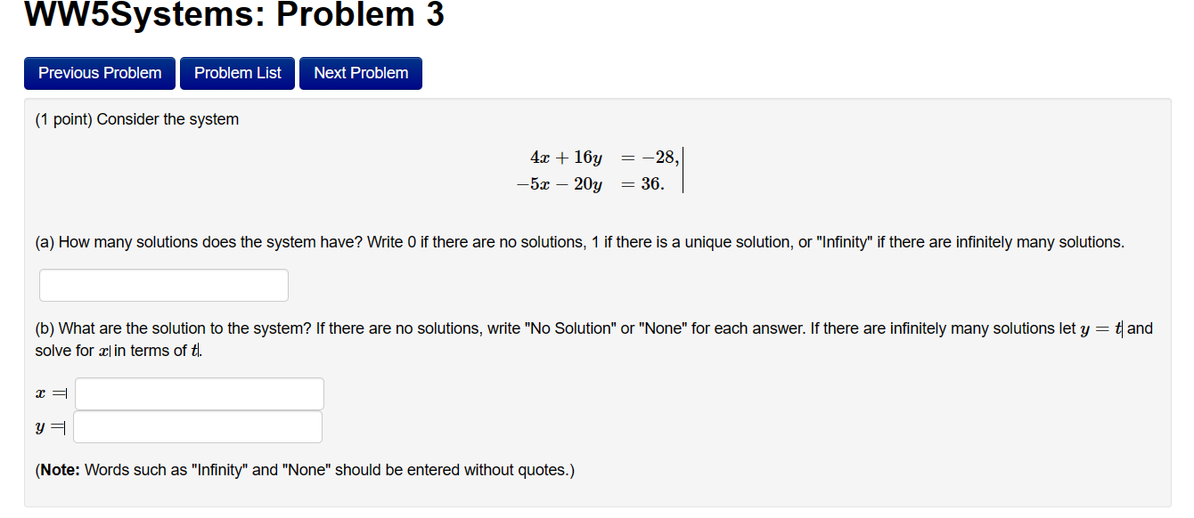 WW5Systems: Problem 1 Previous Problem Problem