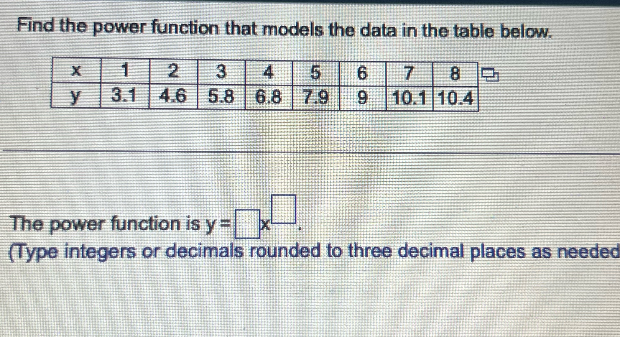 Find the power function that models the data in