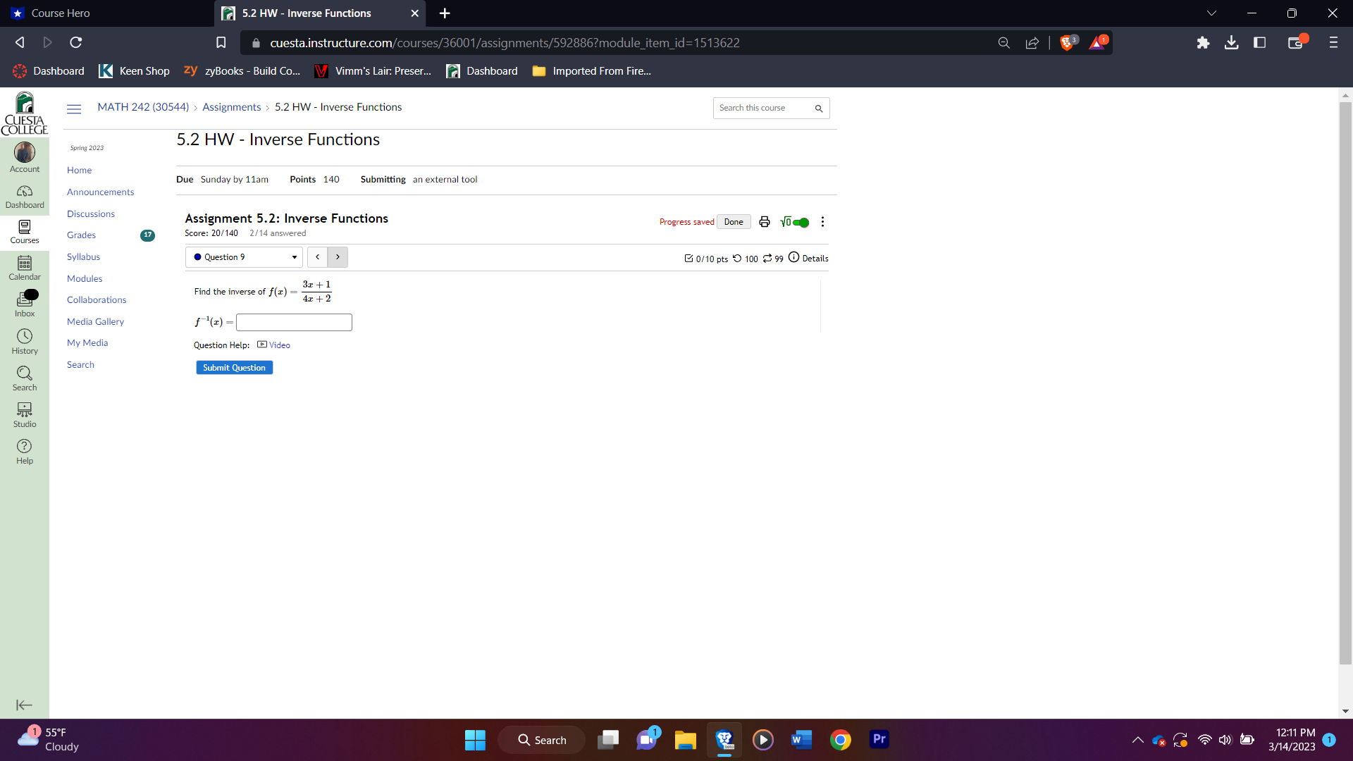 Course Hero 5.2 HW - Inverse Functions O X D C