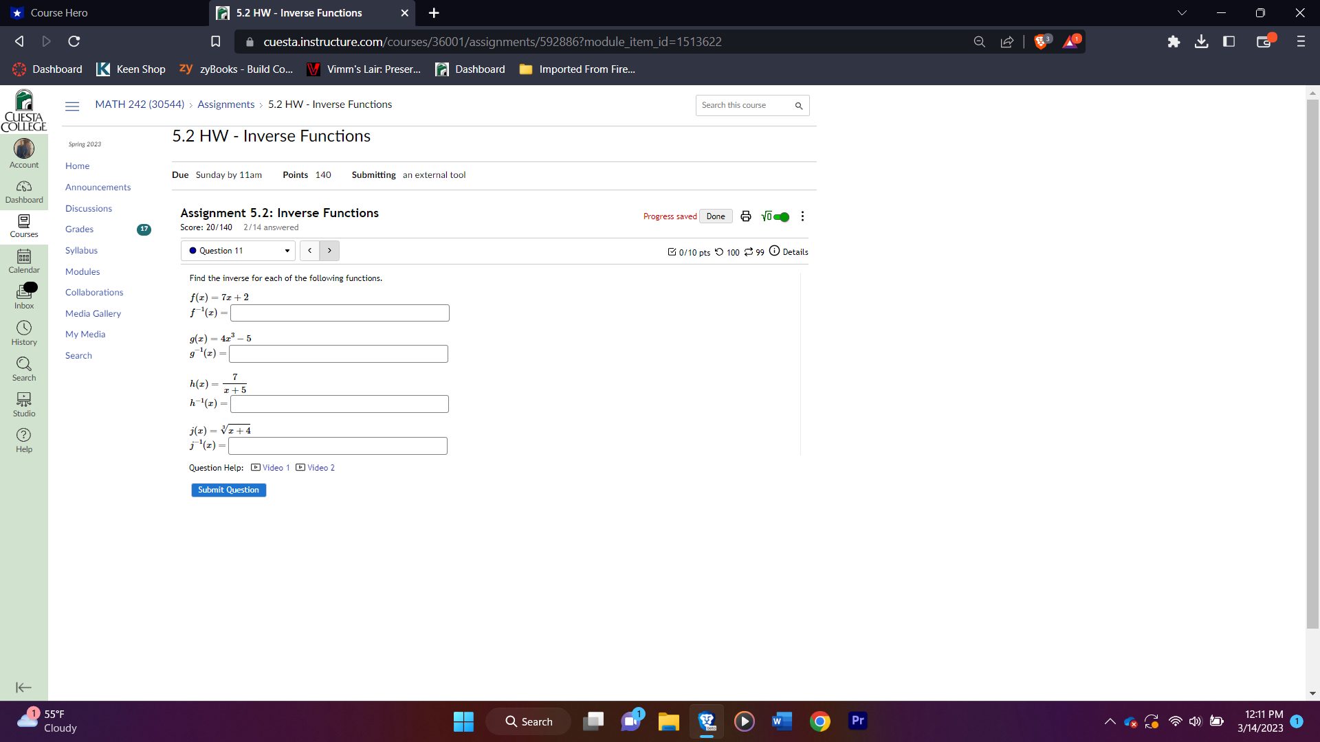 Course Hero 5.2 HW - Inverse Functions O X D C