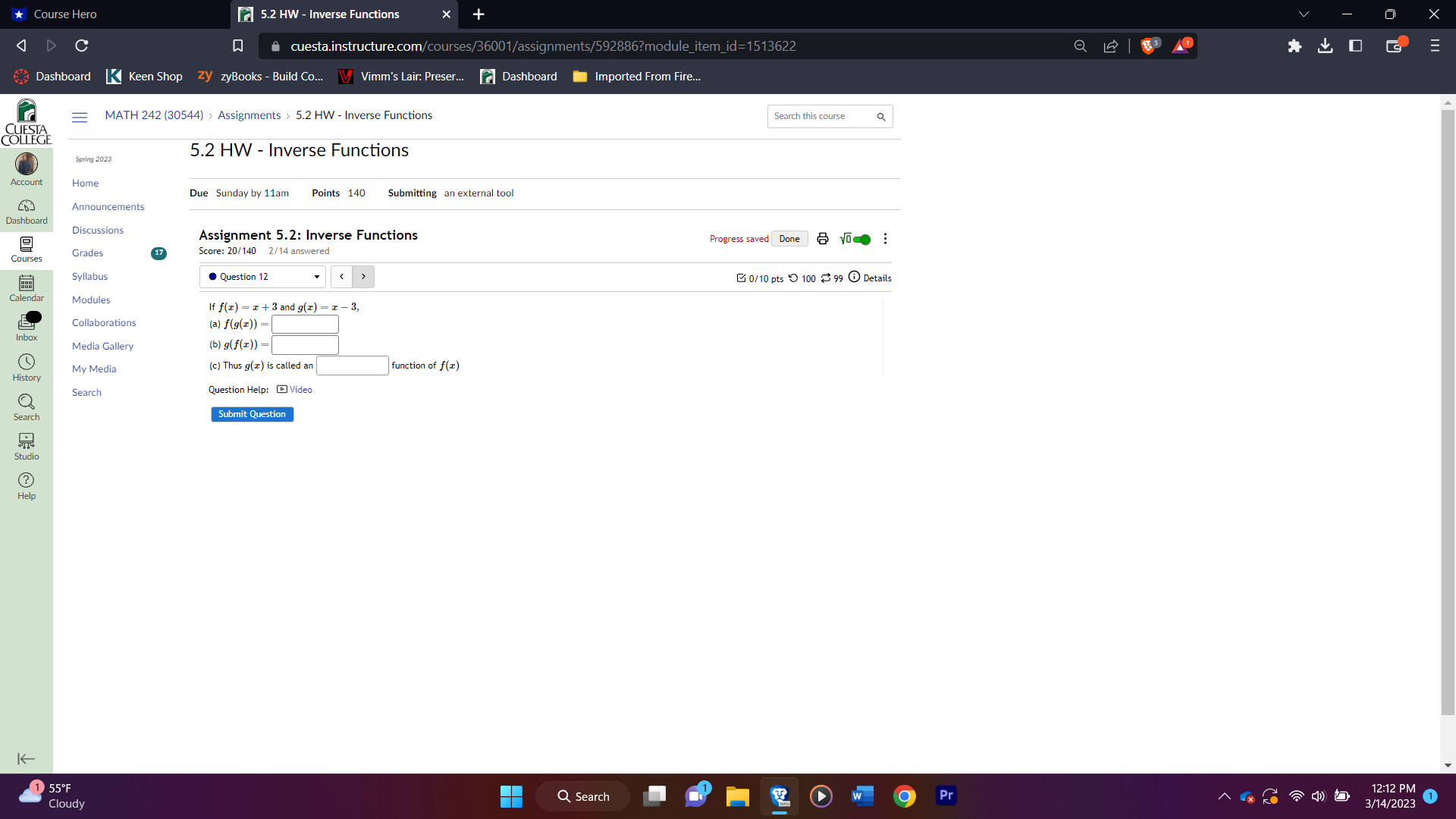 Course Hero 5.2 HW - Inverse Functions O X D C