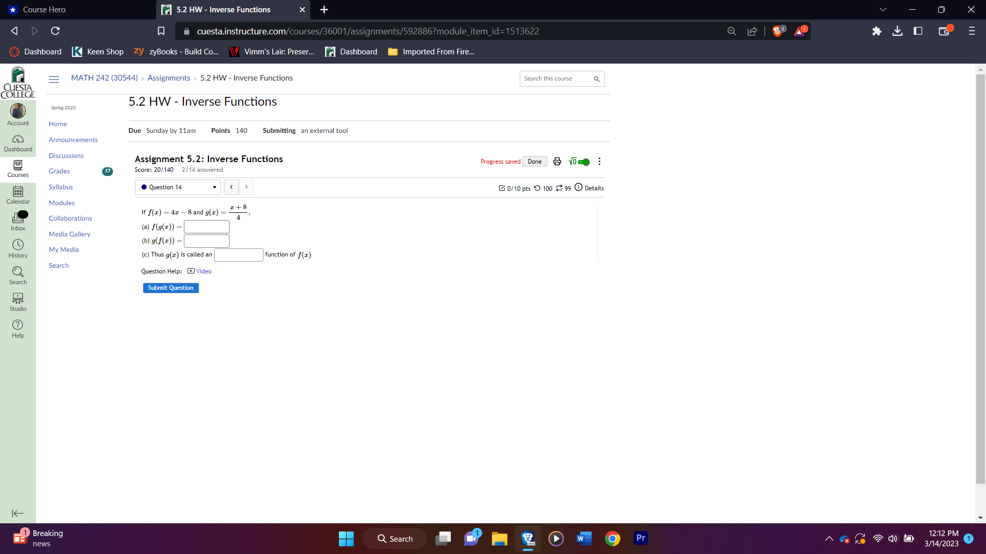 Course Hero 5.2 HW - Inverse Functions O X D C