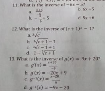 1 1. What is the inverse of -6x - 5? +5 b. 6x +5