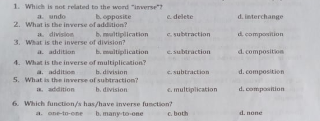 1. Which is not related to the word "inverse"? a.