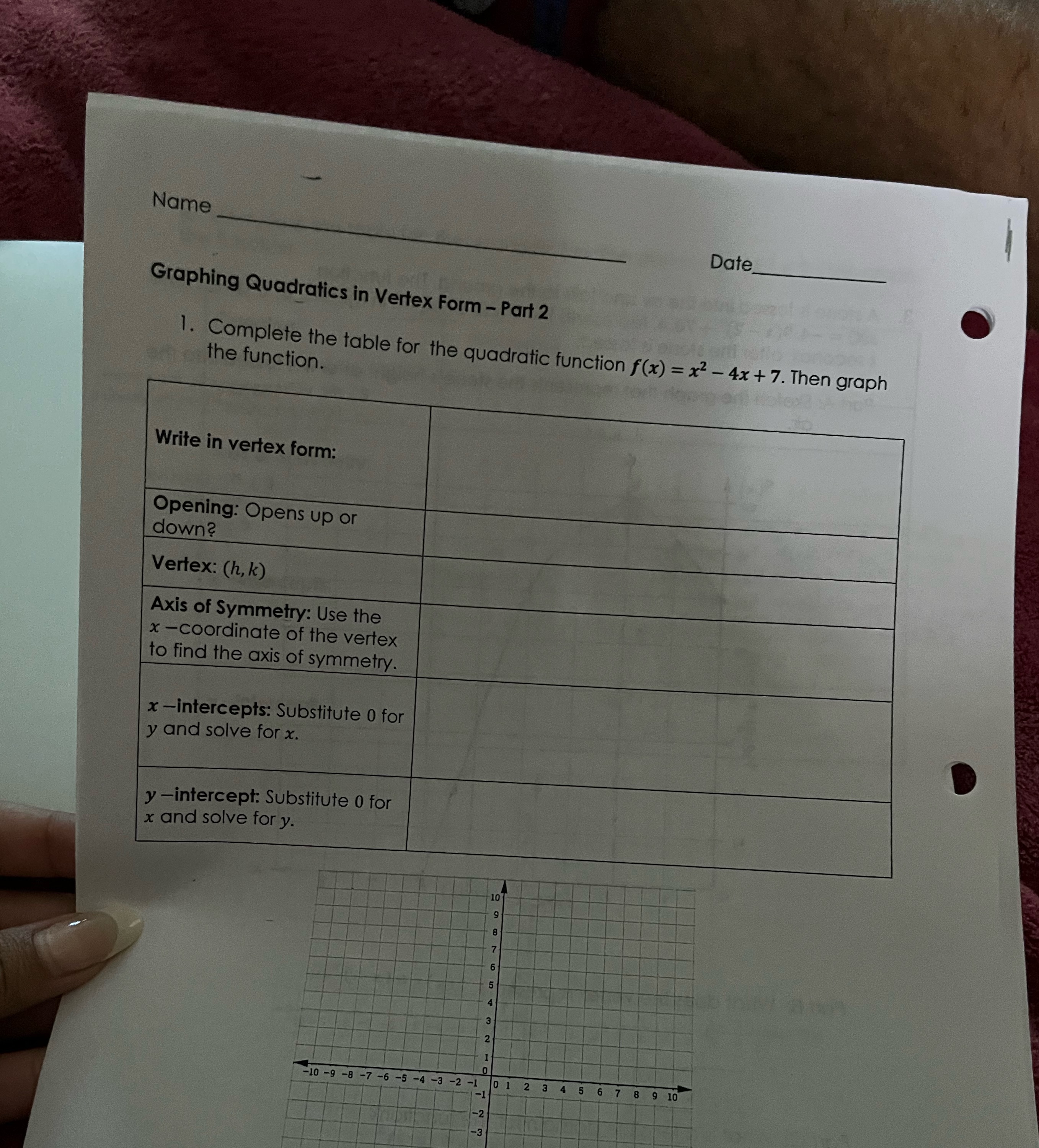 Name Date Graphing Quadratics in Vertex Form -