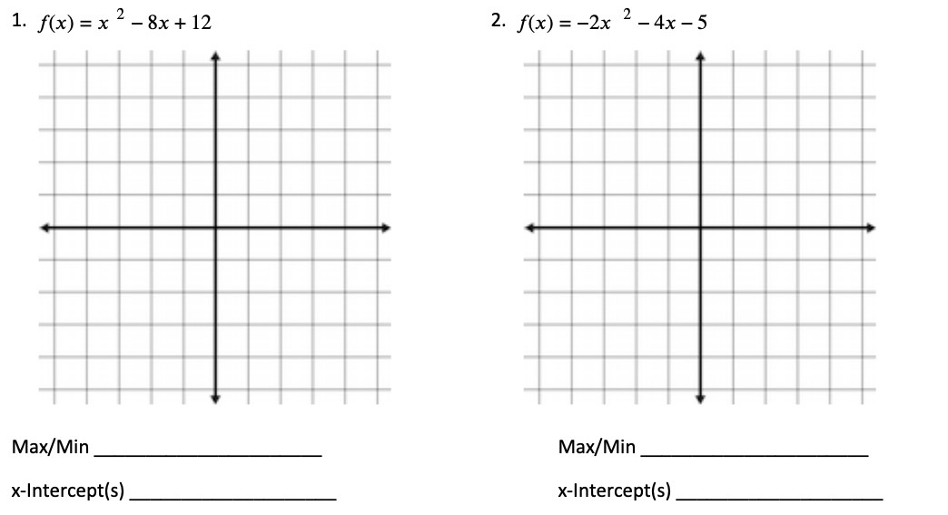 1. f(x) = x 2 - 8x + 12 2. f(x) = -2x 2 -4x -5