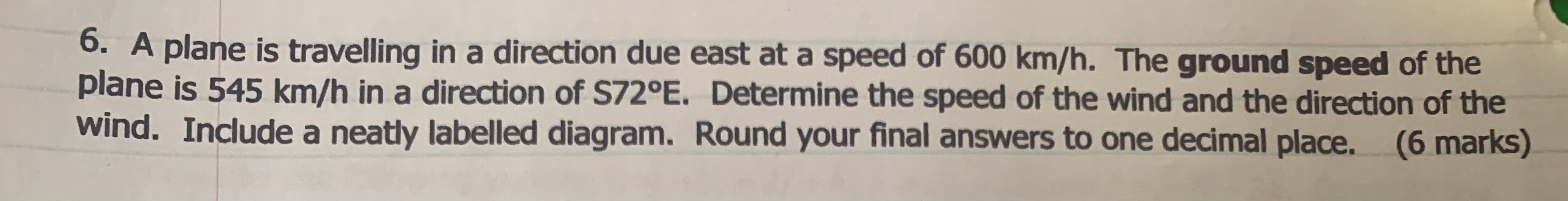 6. A plane is travelling in a direction due east