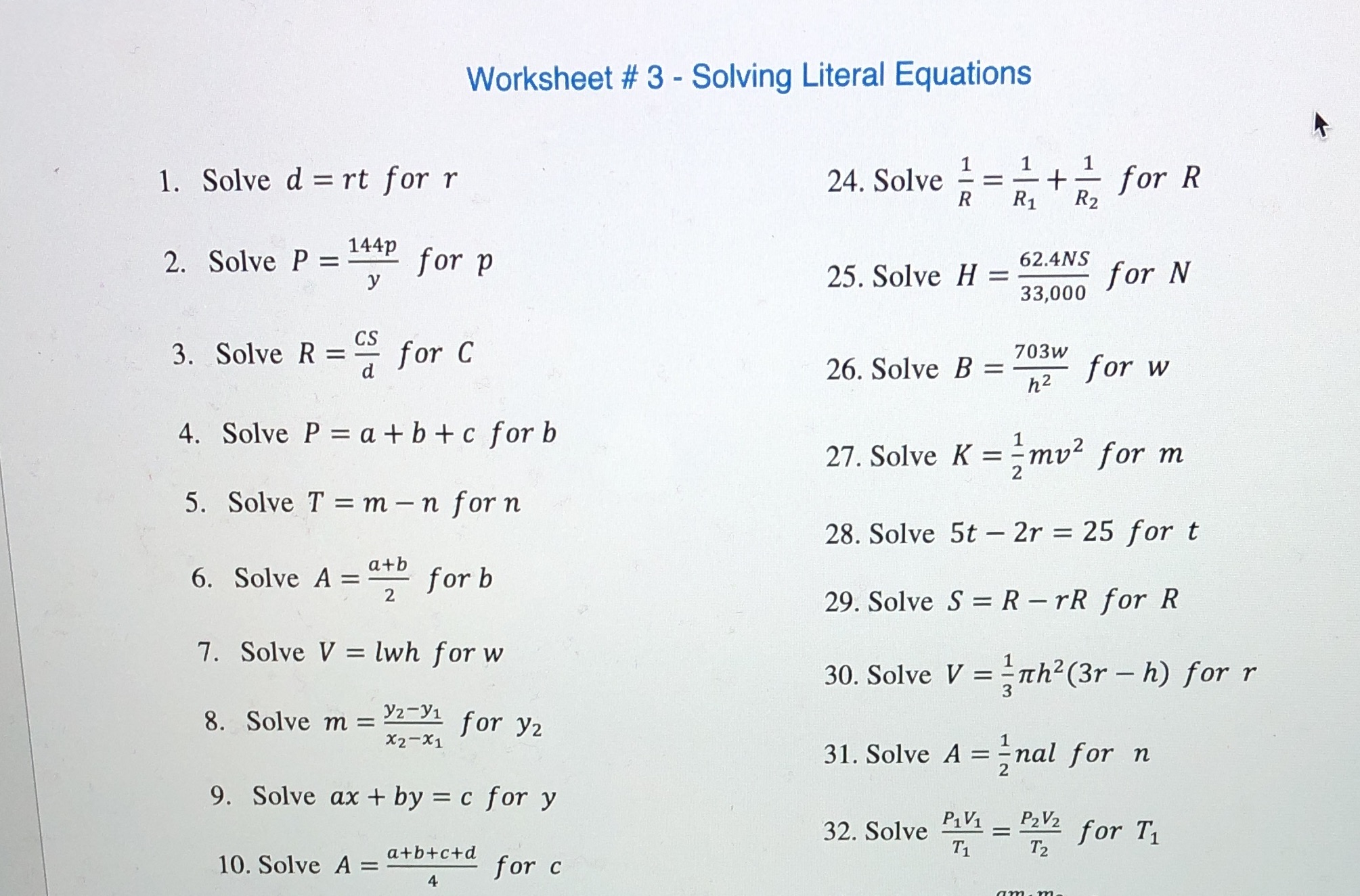 Worksheet # 3 - Solving Literal Equations 1.