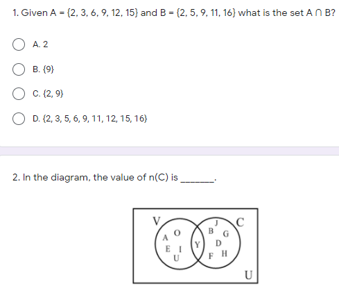 1. Given A = (2, 3, 6, 9, 12, 15) and B = (2, 5,