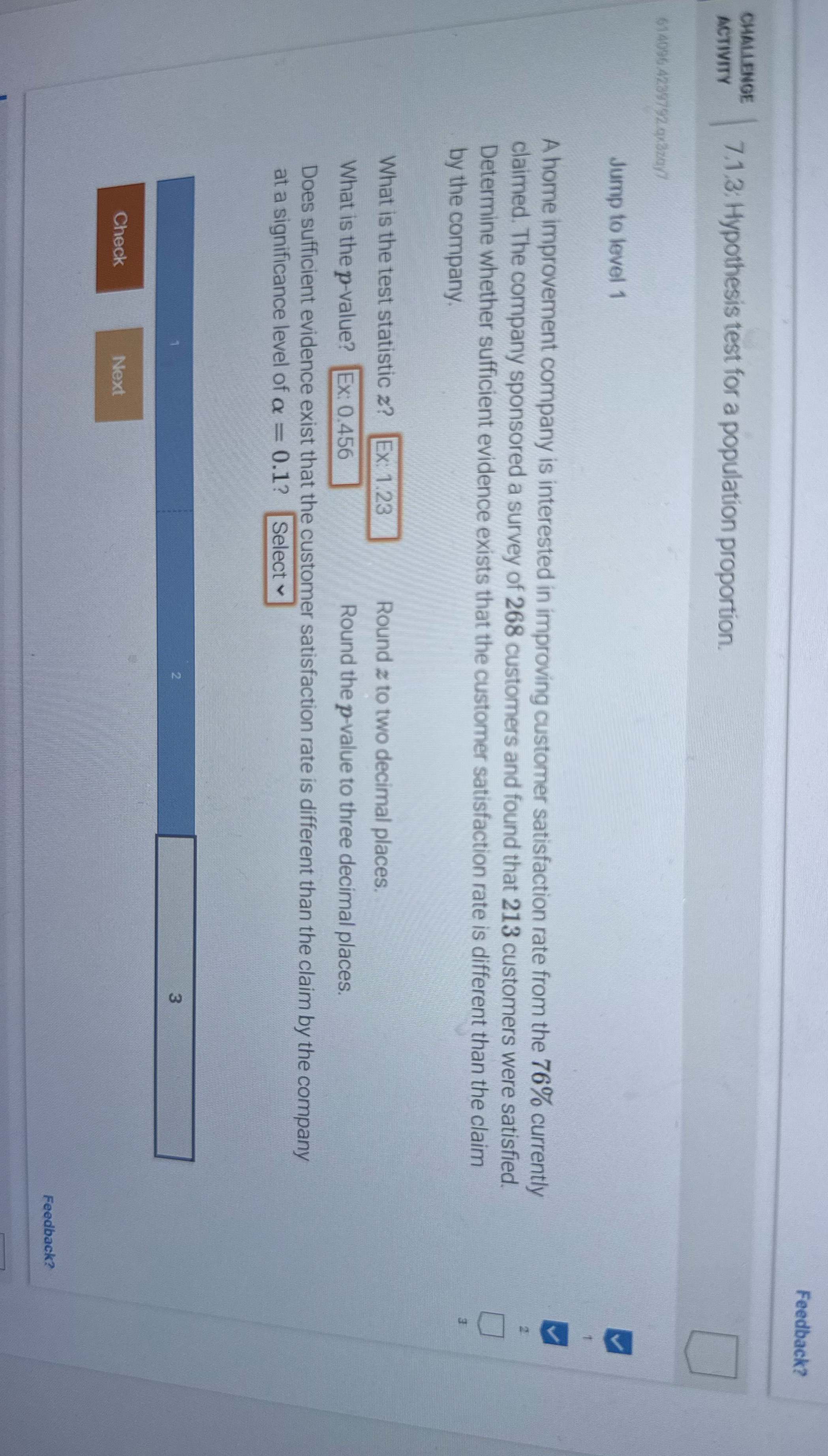 Feedback? CHALLENGE ACTIVITY 7.1.3: Hypothesis