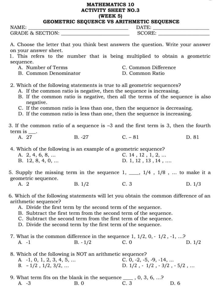 MATHEMATICS 10 ACTIVITY SHEET NO.3 (WEEK 5)