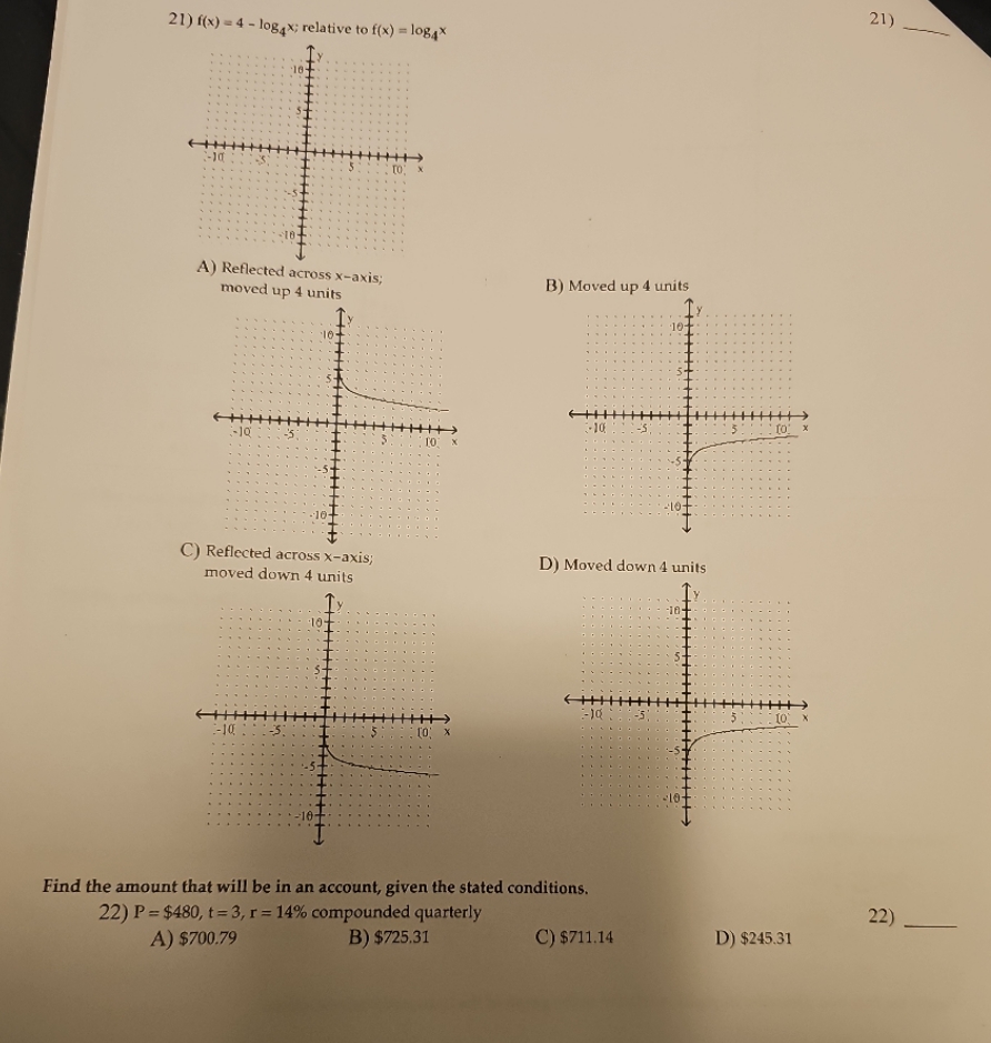 21) 21) ((x) = 4 - loggx; relative to f(x) = logx