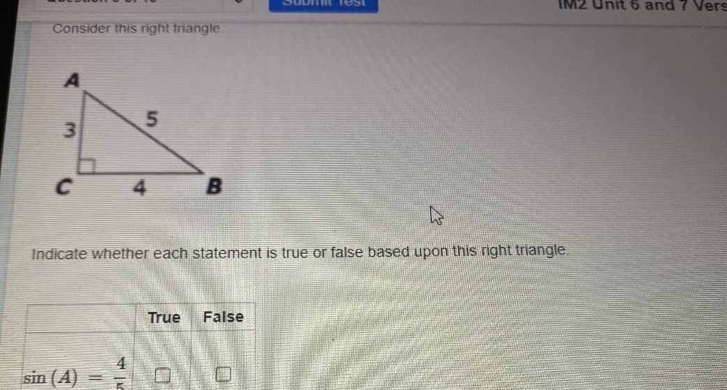 The rest of the question is true or false Sin (A)
