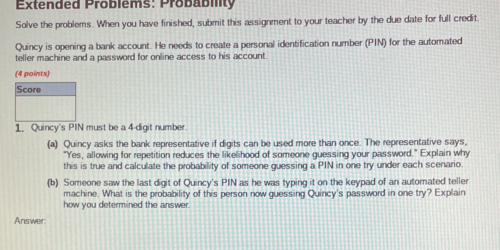 Extended Problems: Probability Solve the