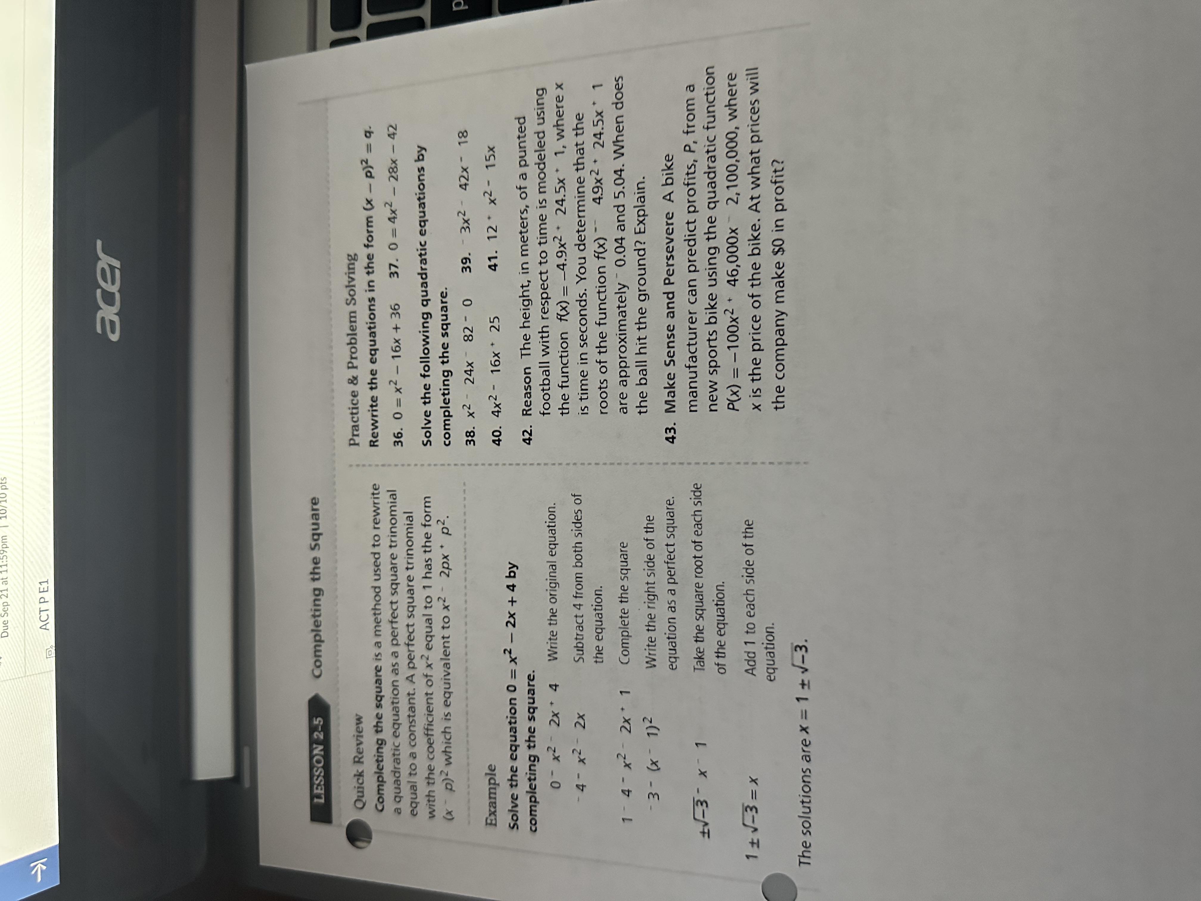 Due Sep 21 at 11:59pm ACT PE1 acer LESSON 2-5