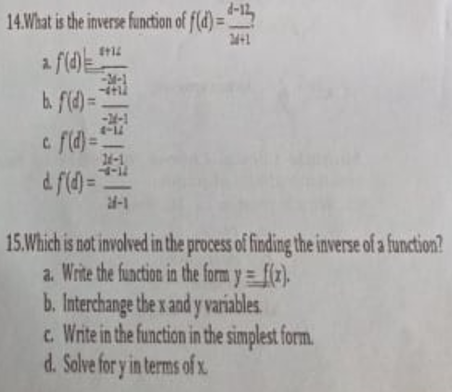 14.What is the inverse function of f(d) = d-12 2