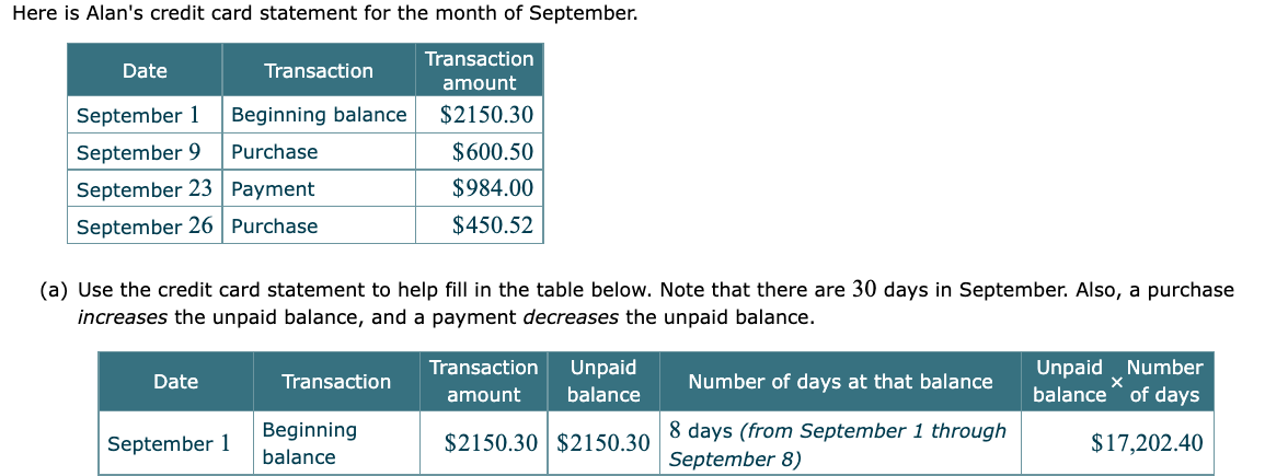 Here is Alan's credit card statement for the