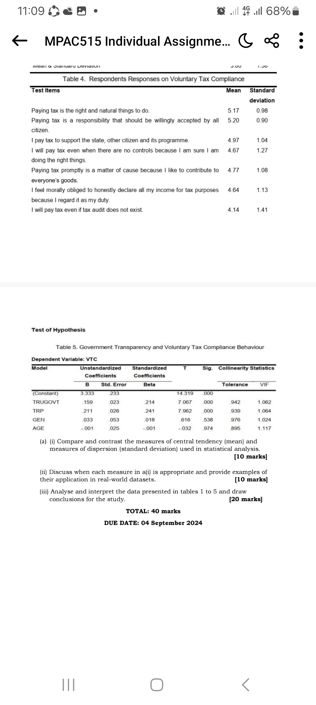 (i) compare and contrast the measure of central