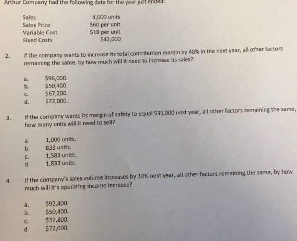 Arthur Company had the following data for the