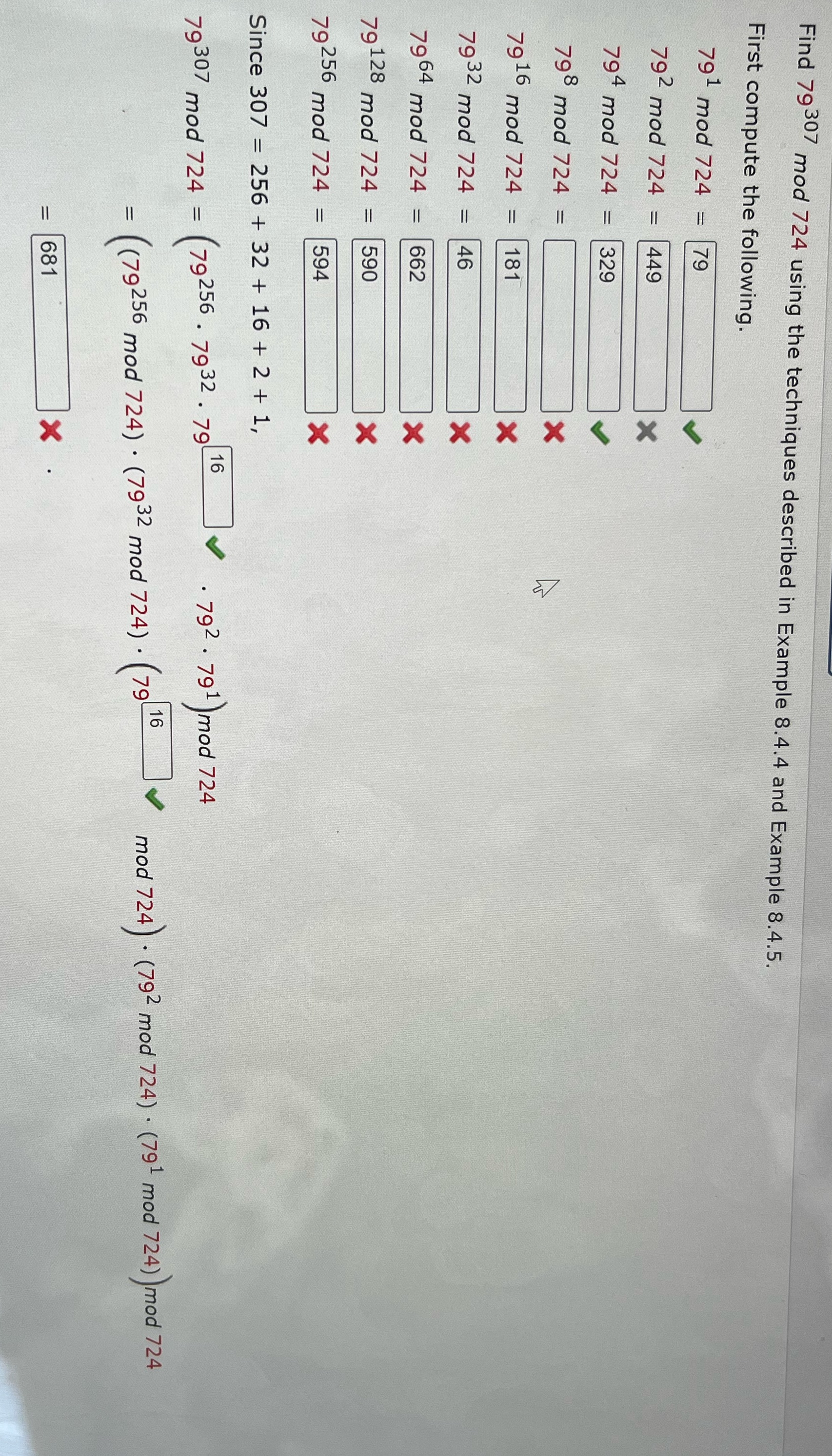 Find 79307 mod 724 using the techniques described