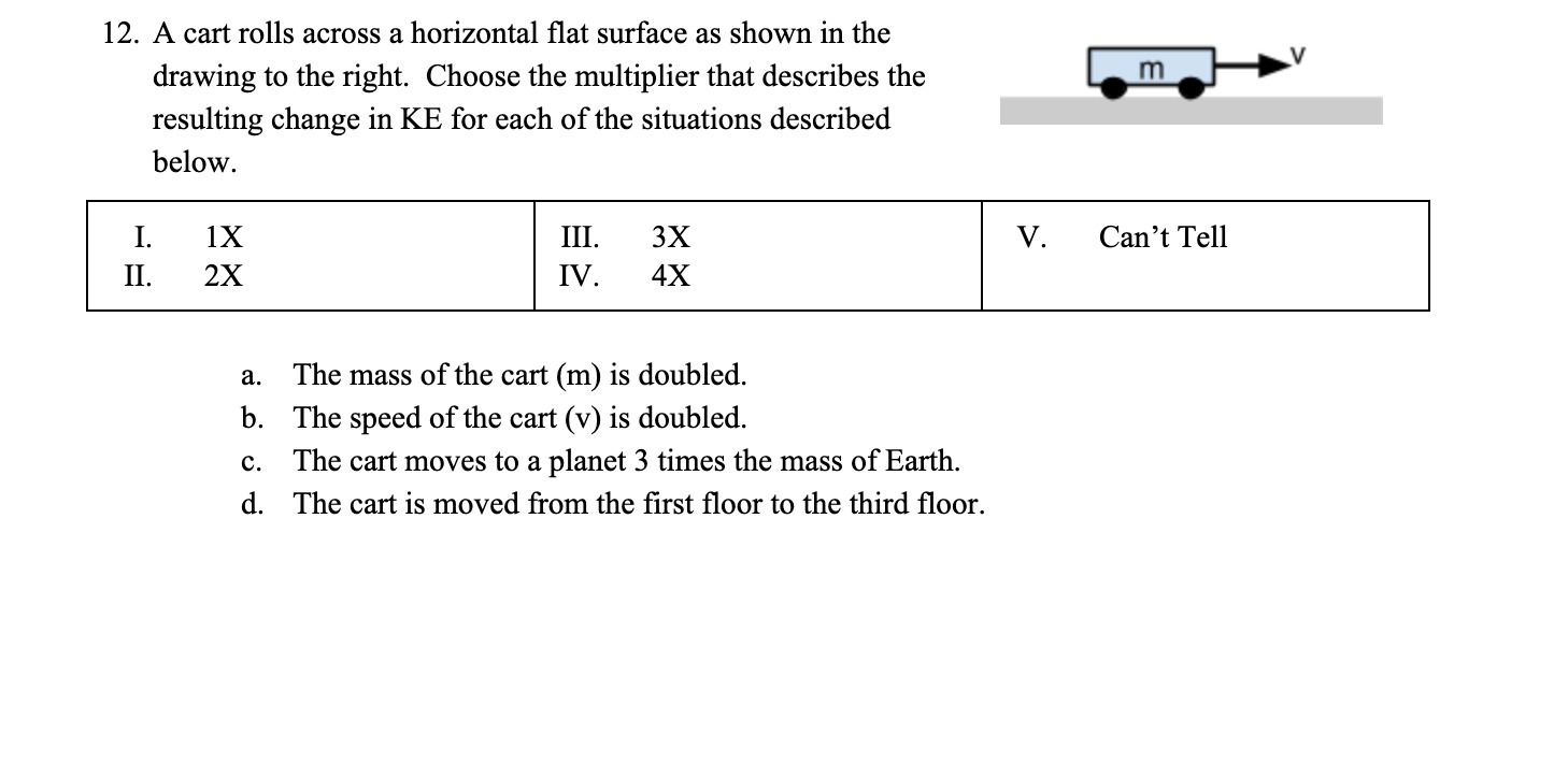 12. A cart rolls across a horizontal flat surface