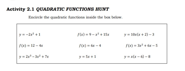 Lesson 2: Representing Quadratic Functions