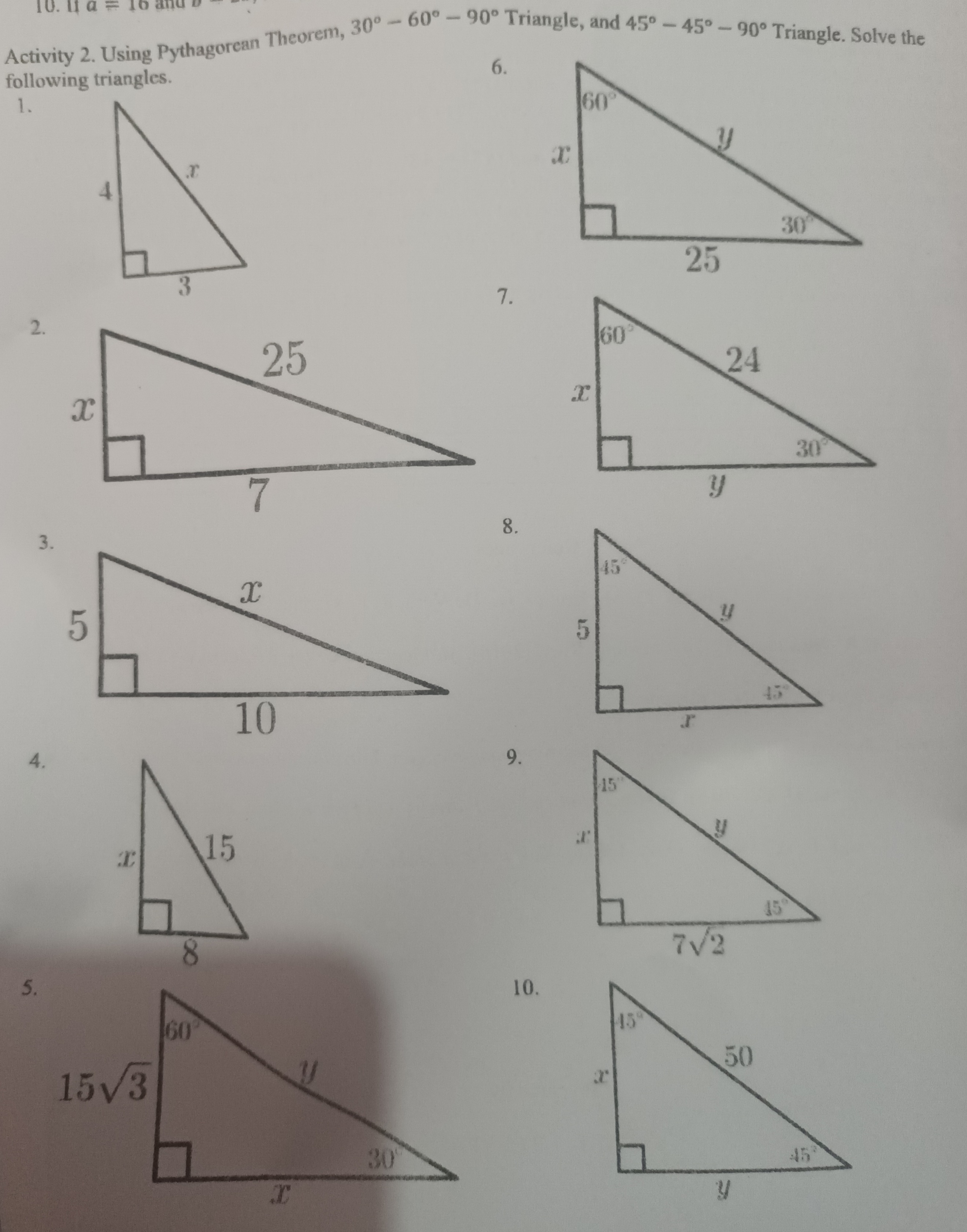 Activity 2. Using Pythagorean Theorem, 30 - 60" -