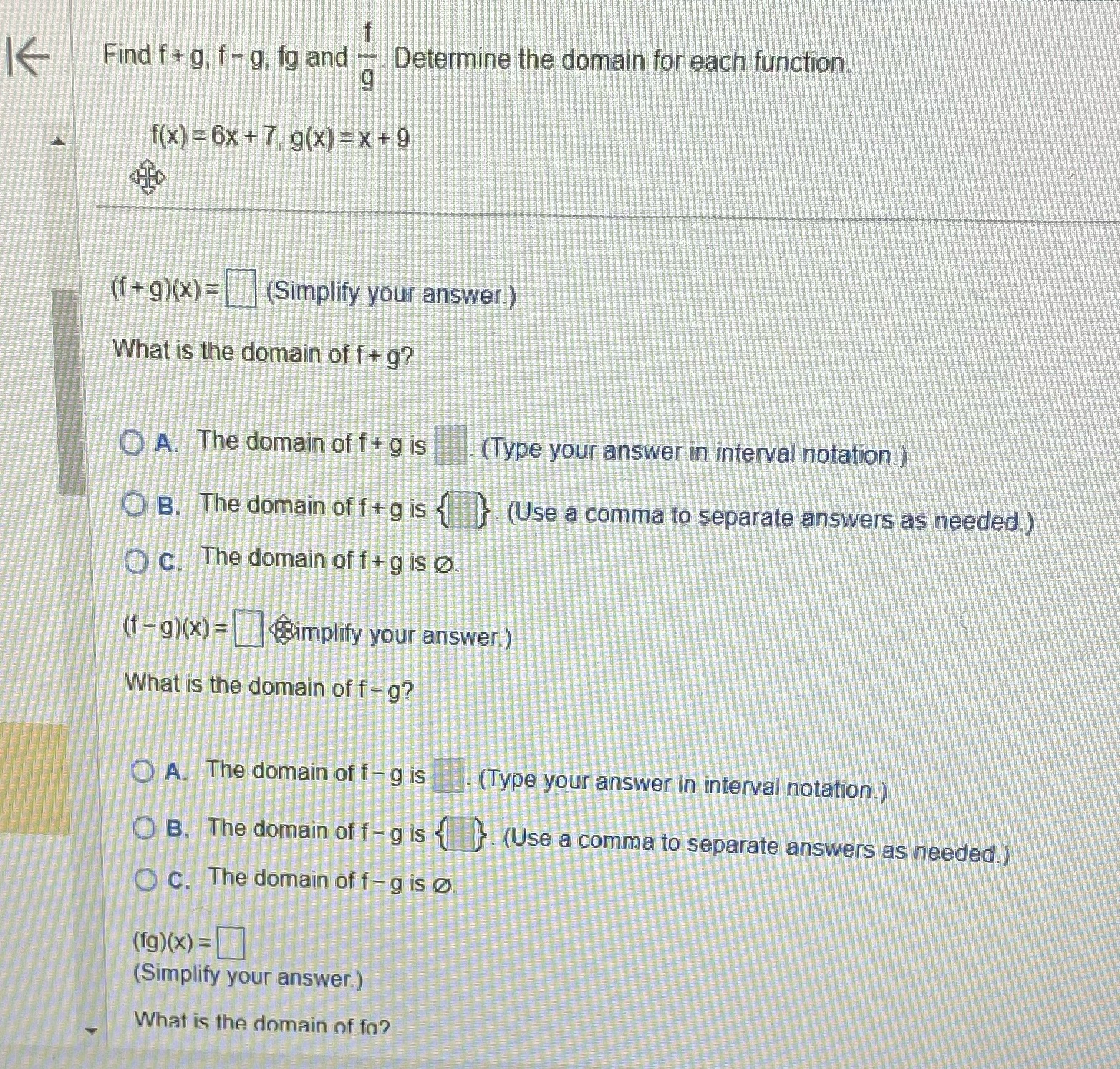 What are the answers ? Find f + g, f -g, fg and