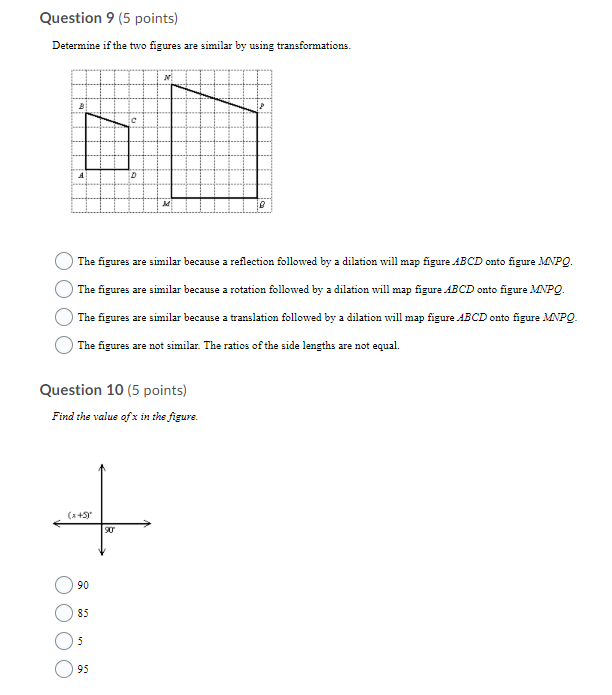 Question 7 (5 points) Fine the value of x in the