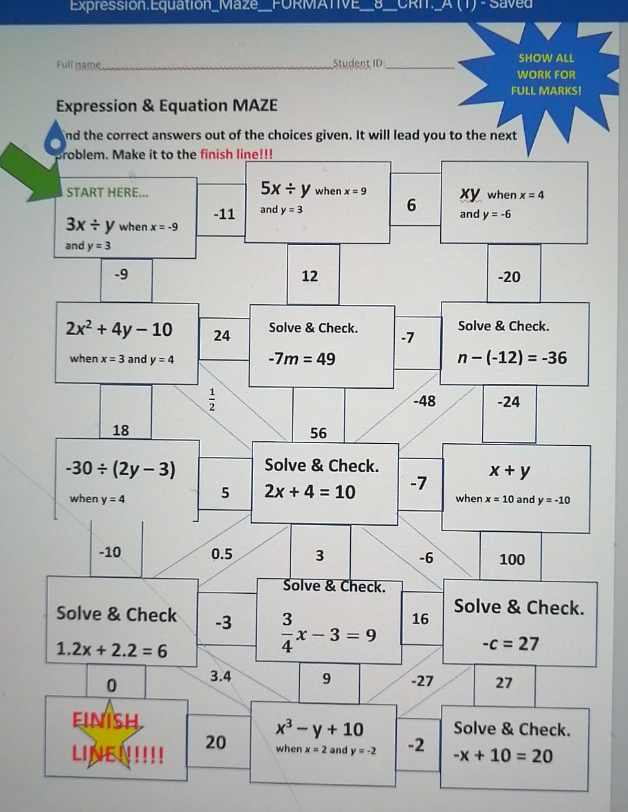 need answers on the box Expression.Equation_Maze_