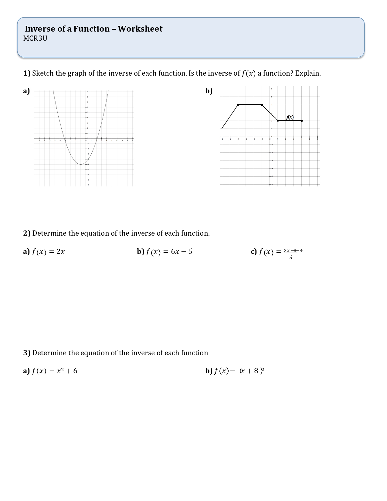 Inverse of a Function - Worksheet MCR3U 1] Sketch