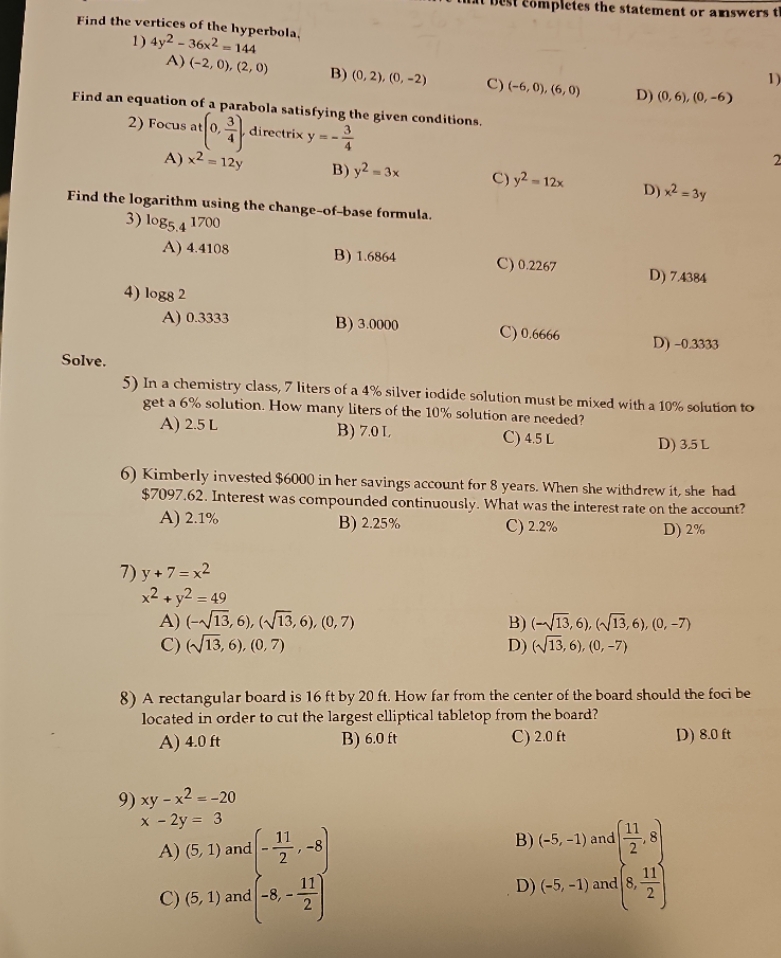 completes the statement or answers Find the