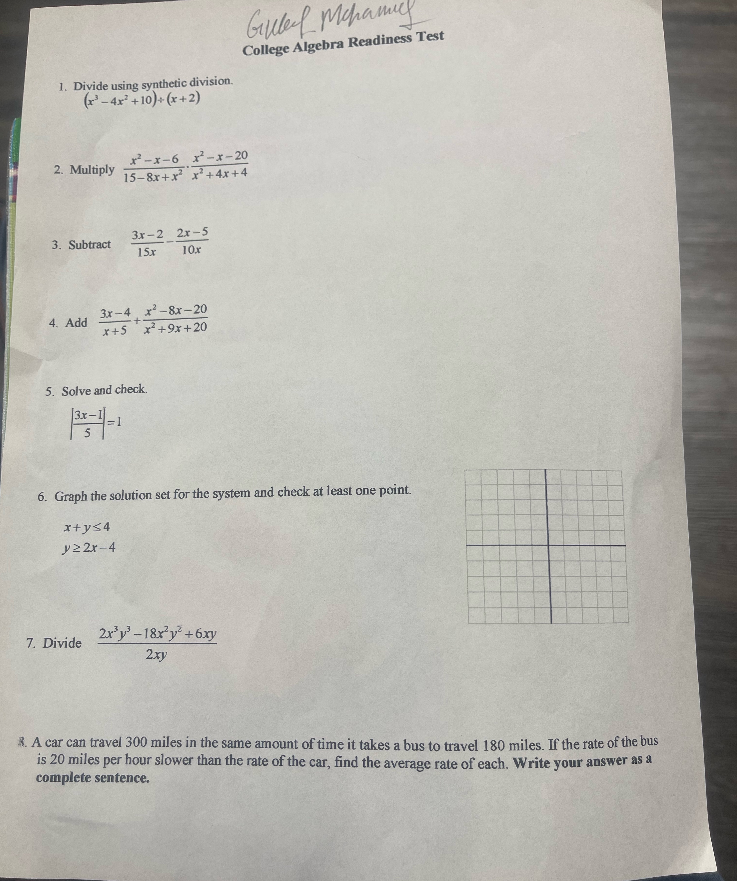 Gruled Mchamic College Algebra Readiness Test 1.
