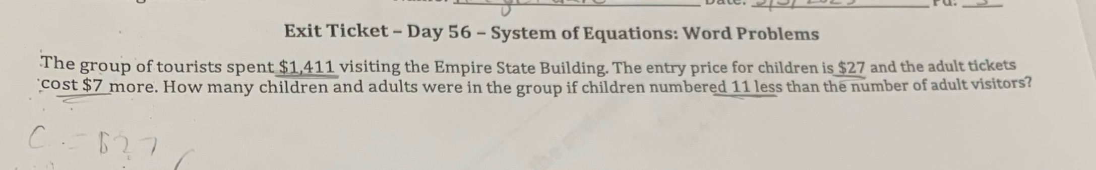 Exit Ticket - Day 56 - System of Equations: Word