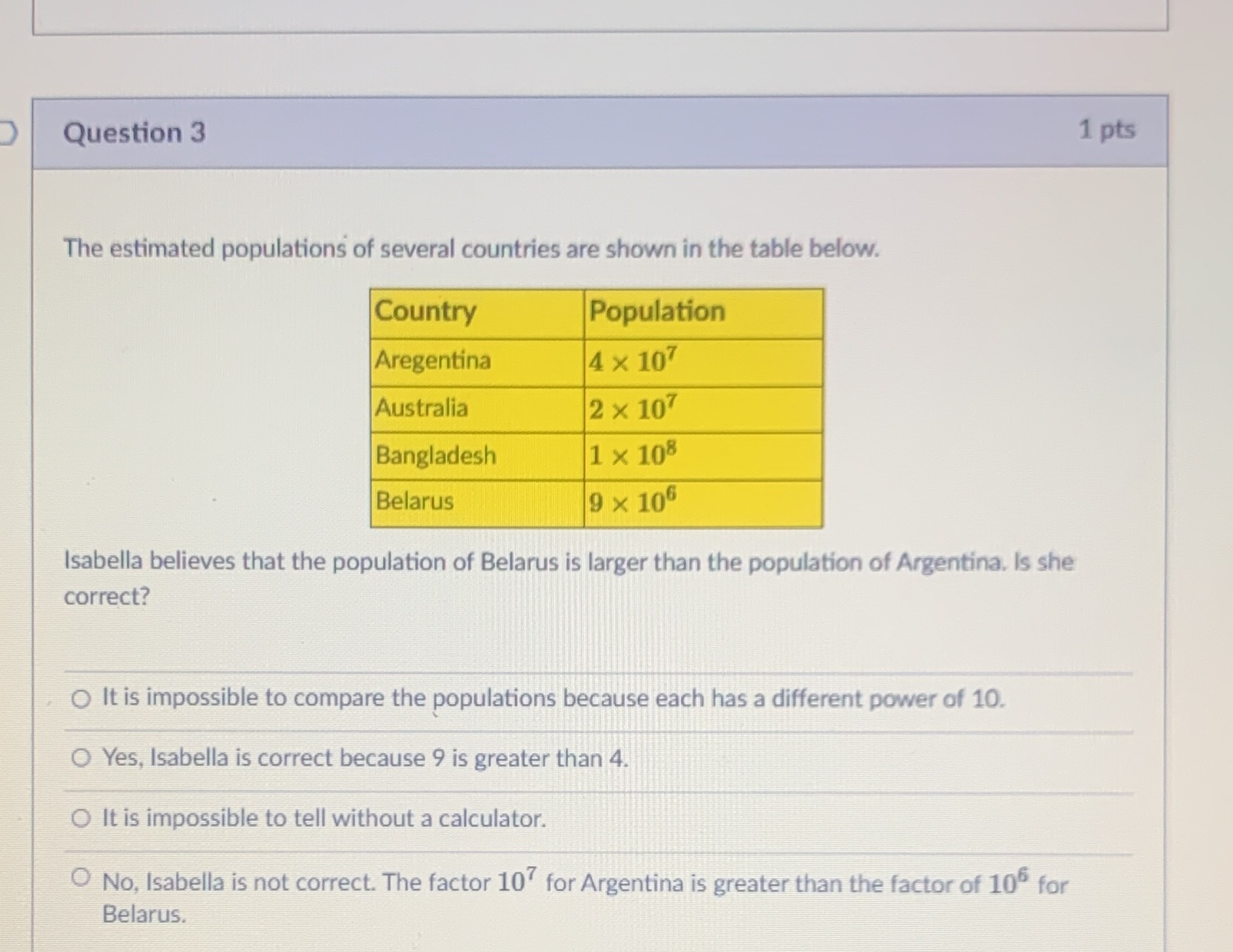 Question 3 1 pts The estimated populations of